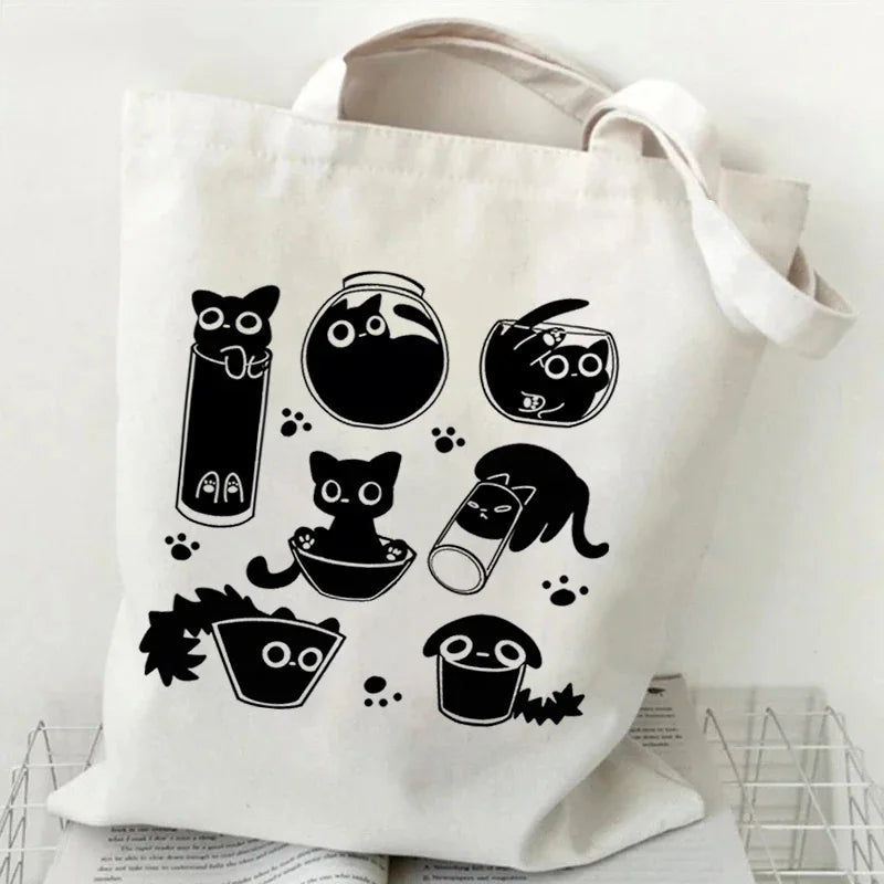 "Kawaii Japanese Style Black Cat Canvas Tote Bag | Cute Graphic & Everyday Fashion"