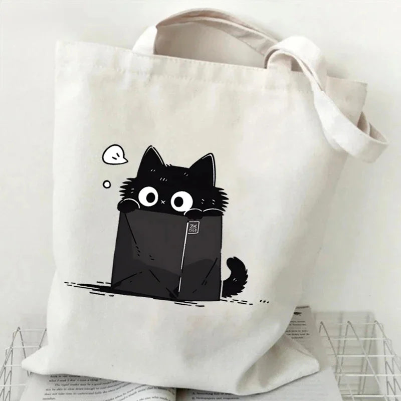"Kawaii Japanese Style Black Cat Canvas Tote Bag | Cute Graphic & Everyday Fashion"
