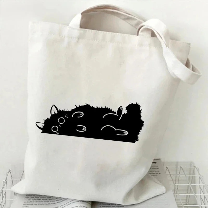 "Kawaii Japanese Style Black Cat Canvas Tote Bag | Cute Graphic & Everyday Fashion"
