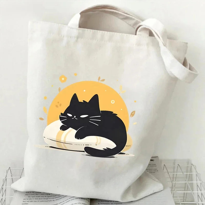 "Kawaii Japanese Style Black Cat Canvas Tote Bag | Cute Graphic & Everyday Fashion"