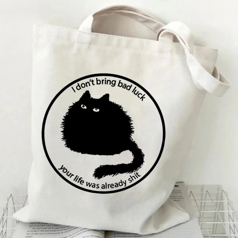 "Kawaii Japanese Style Black Cat Canvas Tote Bag | Cute Graphic & Everyday Fashion"